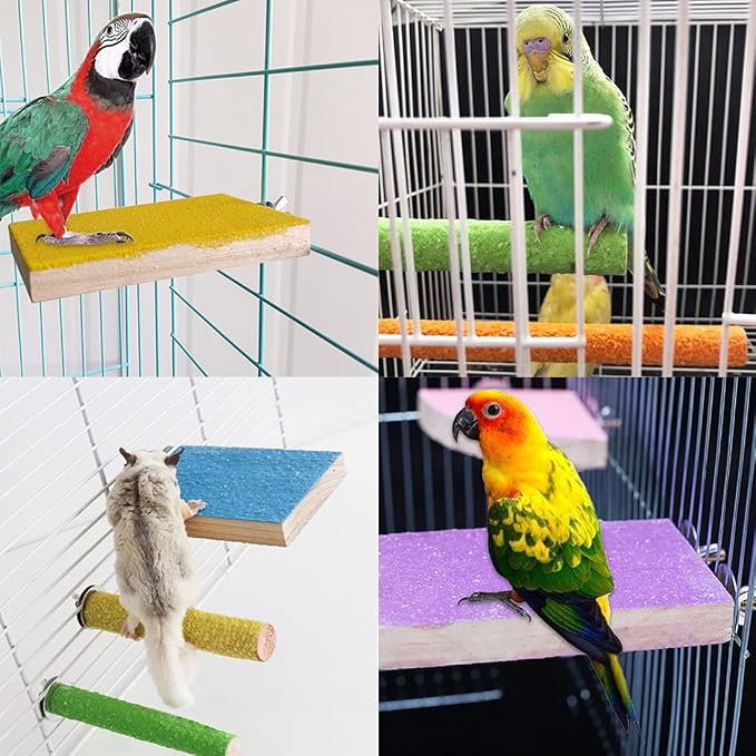 5pcs Bird Perch Stand Platform Natural Wood Parakeet Toys Cage Accessories | Colorful Rough Quartz Sand Surface, Thickened Exercise Paw Grinding Stick for, Budgies, Cockatiel, Lovebirds, Finch, Canary