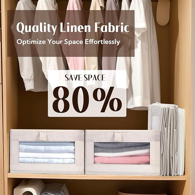 4 Pack Linen Organizers and Storage, Closet Storage Bins Linen Closet Baskets for Organization Foldable Organizer Bins with Clear Window for Organizing Clothing, Beige