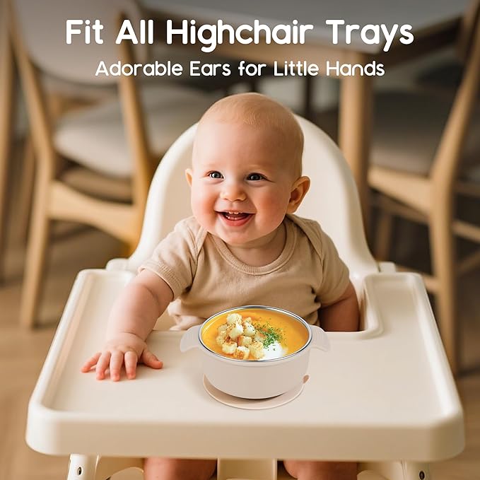 Bella’s Friends Stainless Steel and Silicone Baby Bowls with Suction 3 Pack, 4.3” for Toddlers Kids Feeding, Non-Slip, Non-Toxic, Mess-Free, Dishwasher Safe, Fit High Chair Size,beige green light pink
