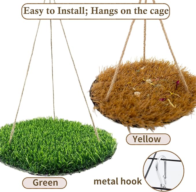 FlidRunest Yellow Large Bird Foraging Mat, Natural Bird Grass Hammock Swing Toy with Hooks, Climbing Perch Hanging Toy for Parakeets, Parrot, Cockatiels, Bearded Dragon