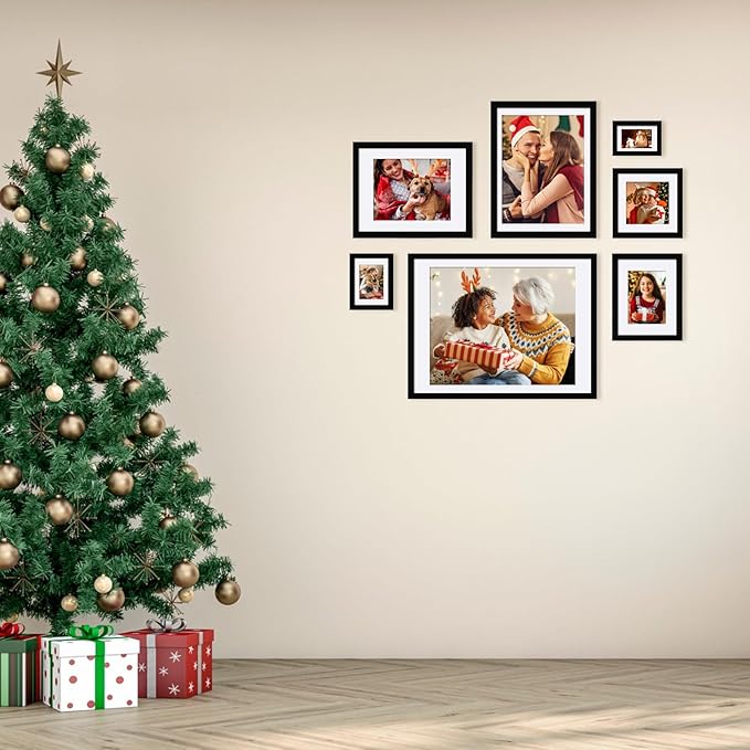 Egofine 11x14 Picture Frames Set of 4, Made of Solid Wood Covered by Plexiglass 5x7 and 8x10 with Mat or 11x14 without Mat, for Table Top Display and Wall Mounting Photo Frame Black