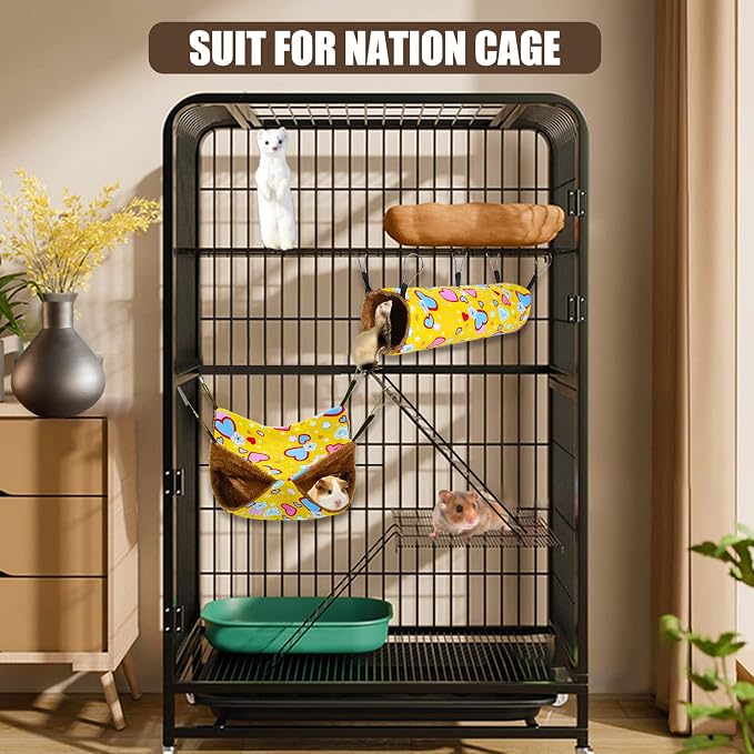petonfun Ferret Rat Hammock Tunnel Set for Cage Accessories Toys Bed,Yellow | 2 Pack, Large Size, Cute Pattern, Double Sided, Hideout for Guinea Pig and Chinchilla to Hide, Suitable for Most Small Animal