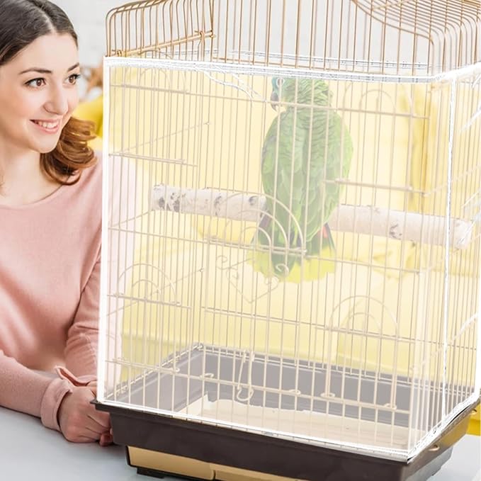 Daoeny Bird Cage Seed Catcher, Large Bird Cage Cover, Adjustable Soft Airy Nylon Mesh Net, Birdcage Cover Skirt Seed Guard for Parrot Parakeet Macaw African Round Square Cages (White)
