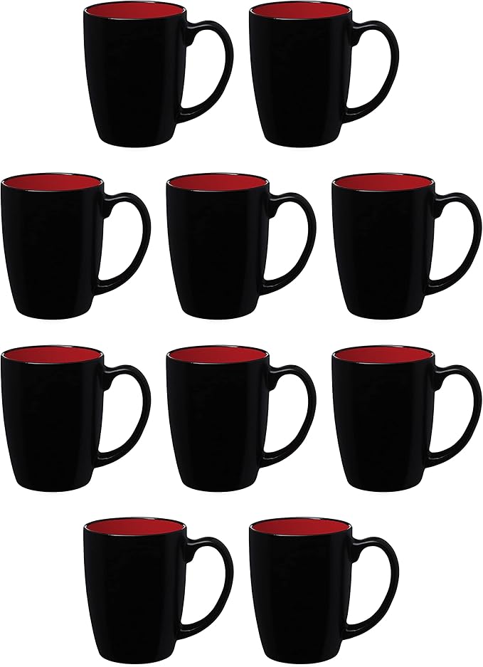 DISCOUNT PROMOS 10 Java Two Tone Coffee Mugs Set, 12 oz. - Stoneware, Durable, Easy Grip - BLACKRED