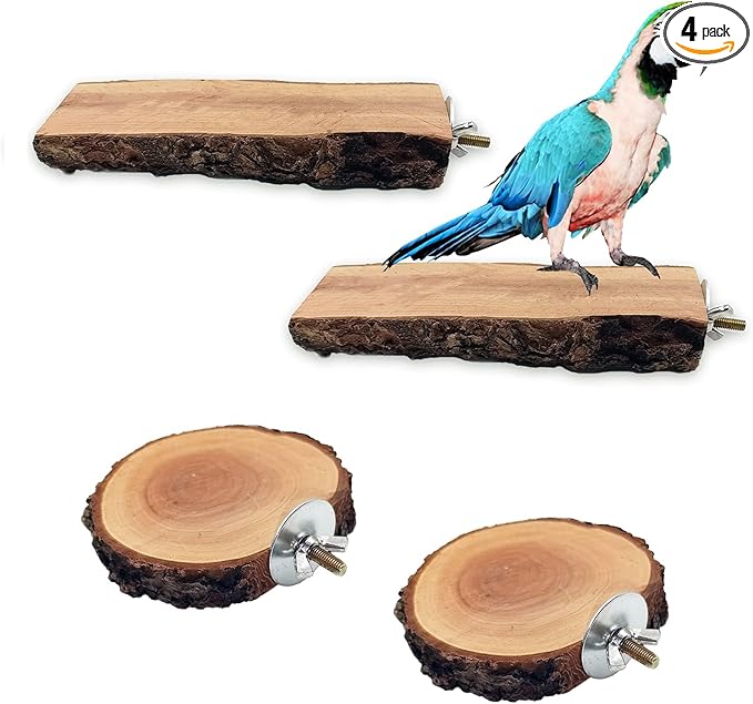 4PCS 5.5×5.9In & 2.5-3.7In Nature Bird Perch Stand Wooden Platforms Set | Rectangular & Round Combined bird platform, Cockatiel Cage Accessories, Grinding Beaks Claw Bird Toy for Parakeet Budgie