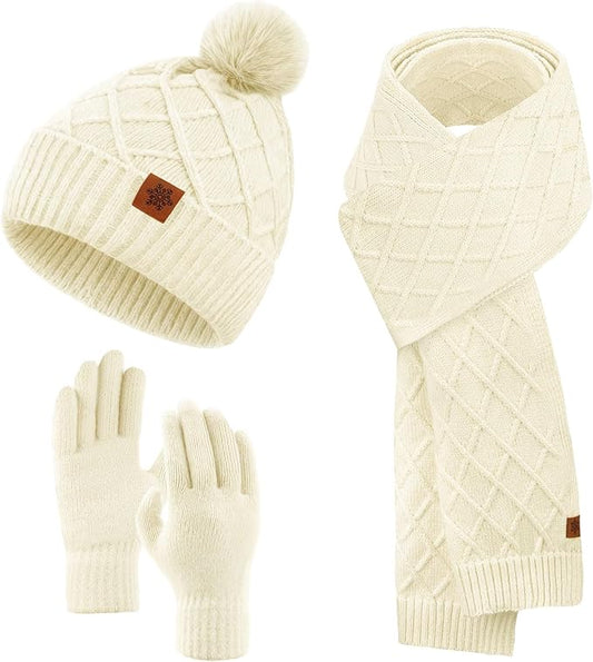 YARIEW Winter Hat Scarf and Gloves Set for Women, Warm Knitted Beanie with Pom Pom, Soft Ear Warmer Scarf, Warm Gloves