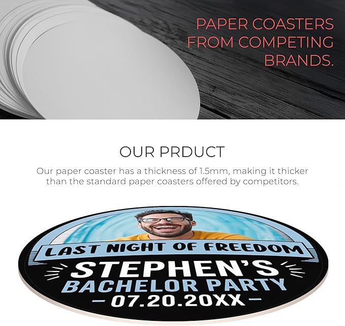 20 Pack Personalized Bachelor Party Coasters, Custom Cardboard Drink Coasters with Photo Print and Text, Fun Bachelor Party Favors and Gifts, 3.95" Round, Design 3