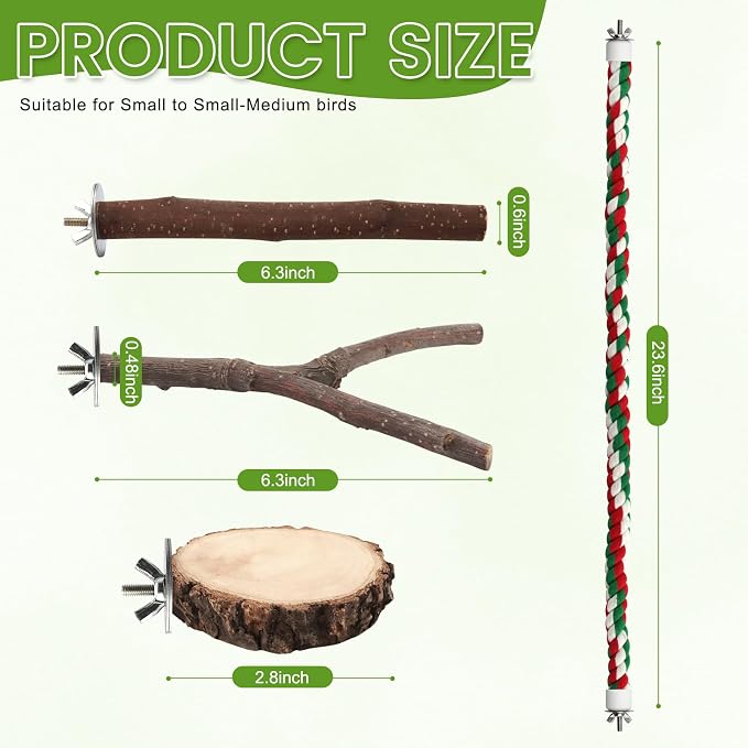 9 Pcs Apple Wood Bird Perch, Platform & Rope Set for Cage | Natural cotton material for foot comfort; natural apple wood for safe chewing; easy tool-free wing-nut setup.