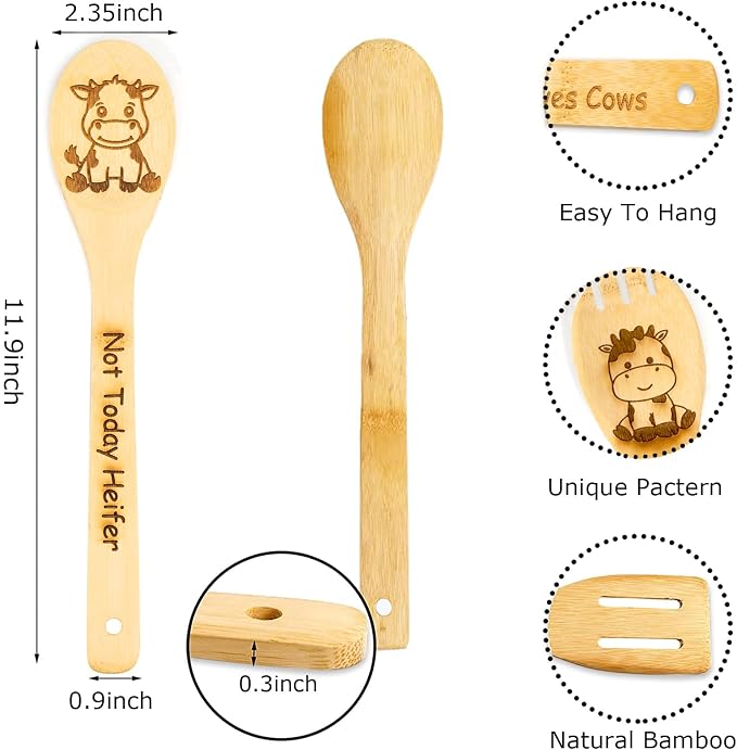 5PCS Cow Wooden Cooking Spoons Set Bamboo Cooking Spoons | Cow Kitchen Decor Housewarming Wedding Anniversary Thanksgiving Christmas for Mom Women Animal Lovers