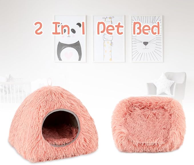 YUEPET Guinea Pig Bed Cave,Warm Bunny Hideout,Pink | Warm Guinea Pig House, Long Plush Fabric, Washable Removable Pad, Non-Slip Base, for Ferrets Hamsters Hedgehogs Dwarf Rabbits