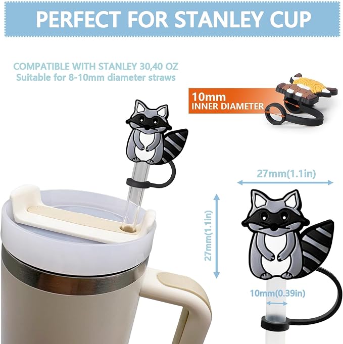 Animal Straw Toppers For Stanley Cups;Straw Covers Cap Toppers Compatible With Stanley 30&40 Oz Tumbler, Reusable & Silicone Tumbler Straws Topper For 0.4 Inch Tips Animal Lover Gifts (Grey Raccoon)