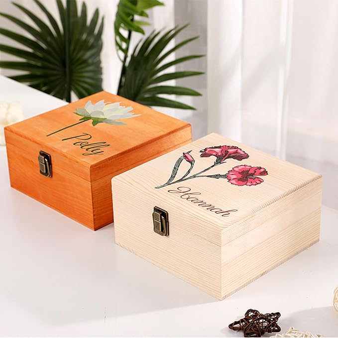 Personalized Wooden Keepsake Memory Box with Birth Flower & Name, Custom Wood Decorative Storage Box with Lids Customized Christmas Gift Box for Women Teen Girls Mom Birthday Gifts