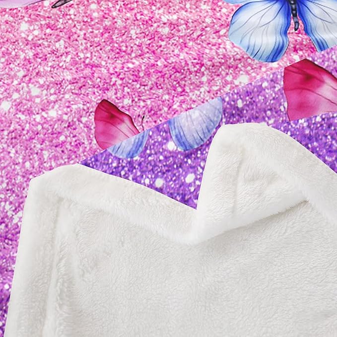 Feelyou Girls Butterfly Fleece Throw Blanket Twin 60"x80" Kids Pink Glitter Print Sherpa Blanket Plush Fuzzy for Bed Couch Chair Living Room, Dreamy Girly Bed Blanket Princess Style Room Decor