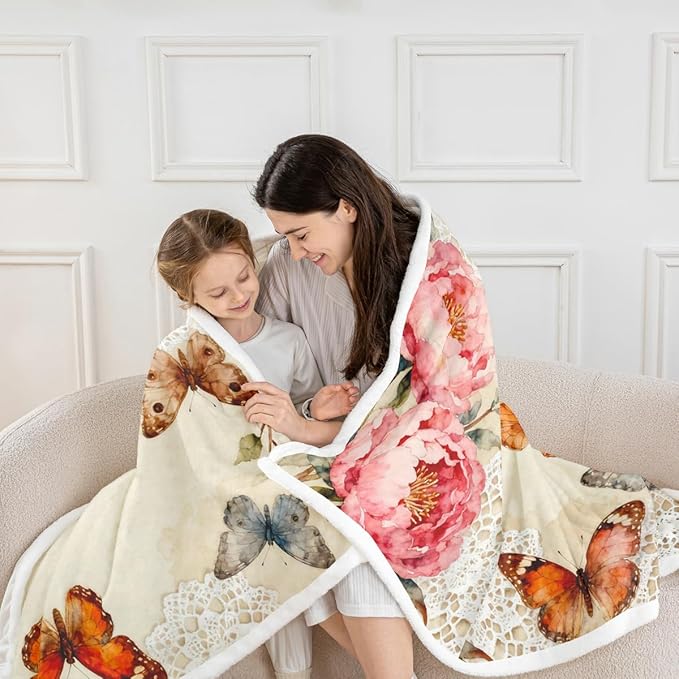Feelyou Girls Butterfly Fleece Throw Blanket 40"x50" Kids Colorful Sherpa Blanket Plush Fuzzy for Bed Couch Chair Living Room, Chic Gorgeous Bed Blanket Noble Flower Room Decor