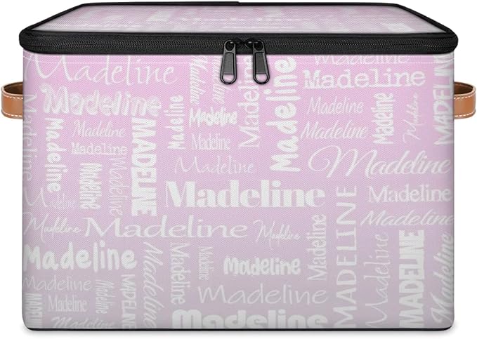 Custom Storage Basket with Name, Personalized Keepsake Box with Zipper Lid, Foldable Fabric Memory Bin Large capacity with Handle Grey Pink Gradient