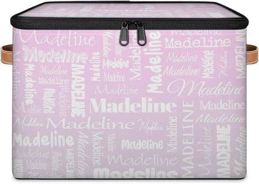 Custom Storage Basket with Name, Personalized Keepsake Box with Zipper Lid, Foldable Fabric Memory Bin Large capacity with Handle Grey Pink Gradient
