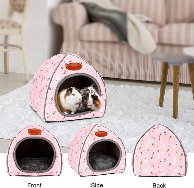 BWOGUE Guinea Pig Bed Large Hide-Out Cozy House Bed for Rabbits Ferret Chinchilla Bearded Dragon Winter Warm Cage Nest Hamster Accessories Cute Bunny and Carrot Pattern | Removable Cushion for Cleaning, Warm Fleece Nest, Washable Bed, 10.6 x 10.6x 11 i...