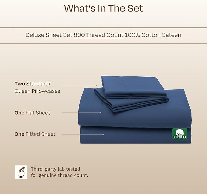 California Design Den Natural 100% Cotton Queen Sheet Set - Luxury Hotel 800 Thread Count Sateen, Soft and Durable Deep Pocket Sheets Set - Navy Blue