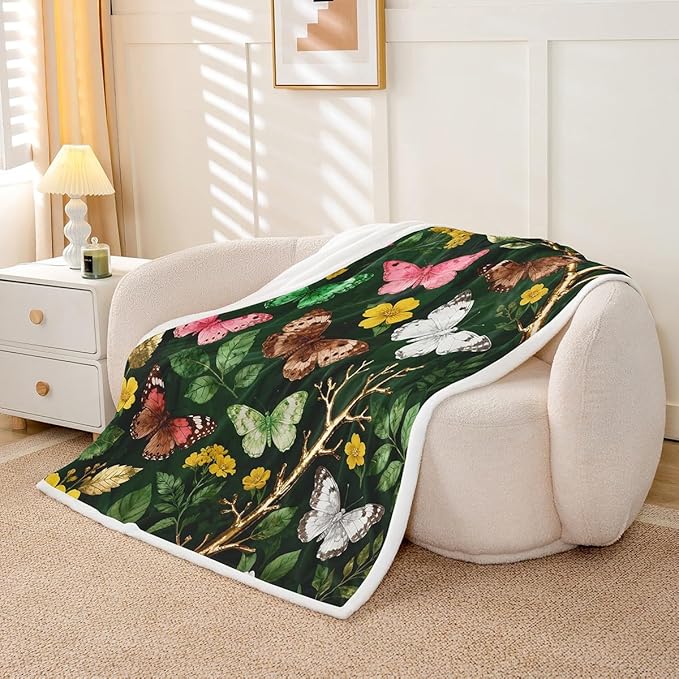 Feelyou Girls Butterfly Fleece Throw Blanket Baby 30"x40" Kids Botanical Leaves Sherpa Blanket Plush Fuzzy for Bed Couch Chair Living Room, Beautiful Flower Bed Blanket Green Room Decor