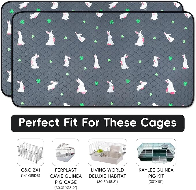 2 Pack Guinea Pig Cage Liners, Washable Guinea Pig Pee Pads Waterproof Reusable & Anti Slip Guinea Pig Bedding Fast and Super Absorbent Pee Pad Tarp Bottom for Small Animals (Rabbit Pattern 24" X 47")