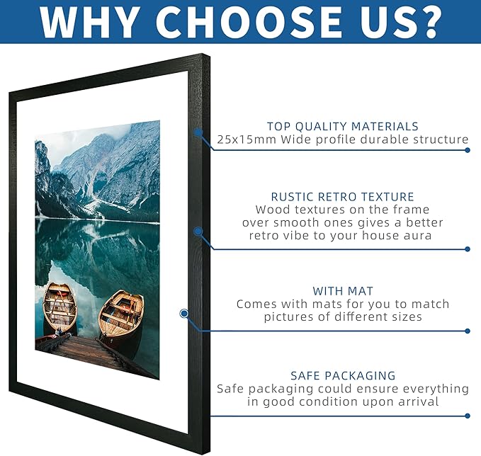 14x22 Picture Frame Set of 2, Rustic Black Wood Style - Display 14 x 22 Picture without Mat or 12x18 Picture with Mat, Wall Mounting Horizontal and Vertical
