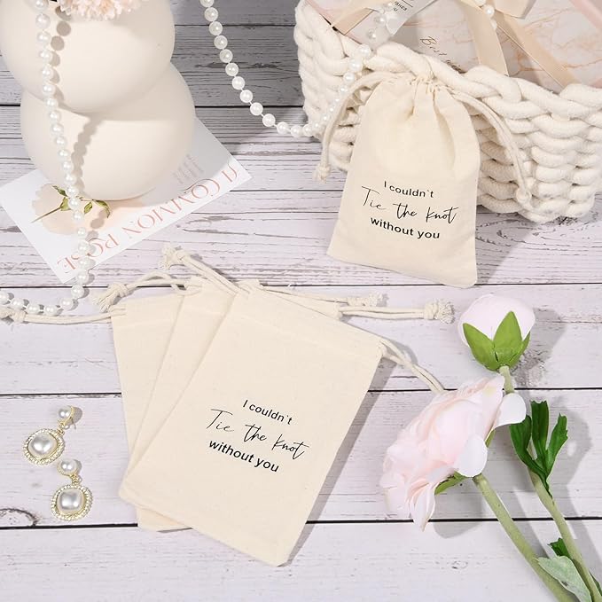 CEELGON 8 Pcs Drawstring Jewelry Pouch Bridesmaid Gift Bags Linen Cotton Fabric Wedding Bridal Party Favor Bags Bachelorette Tie The Knot Earring Packaging Proposal Gift (Natural)