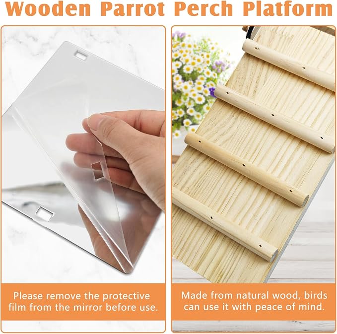 BNOSDM Bird Perch Platform with Mirror, Wooden Climbing Ladder for Parakeet, Small Bird Swing Toys with Rotating Balls Parrot Cage Accessories Budgie Playground for Cockatiel, Lovebirds, Conures