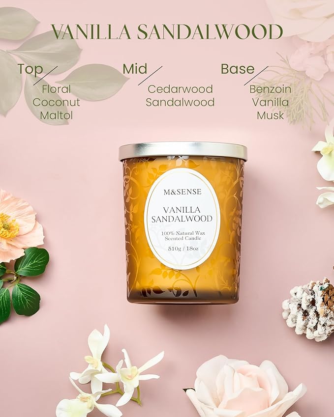 M&SENSE Vanilla Sandalwood Candle, Cracking Wooden Wick Soy Wax, 18oz 100 Hours Long Lasting Clean Burn, Large Jar Candles for Fall Winter Home Scented, Non-Toxic Relaxing Aromatherapy Gifts for Women