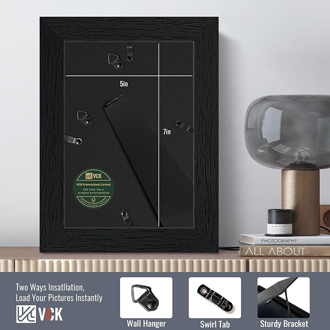 VCK 5x7 Picture Frames Black Set of 6, Wide Border Wood Poster Frame, Multi-Directional Display Family Photos, Office Prints, Studio/Gallery Artwork, Woodgrain Series, Tabletop & Wall Hanging