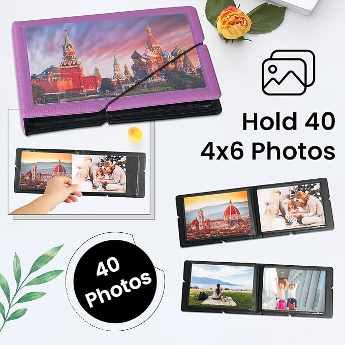 Lifting Small Photo Album 4x6 Holds 40 Photos with Customizable Cover，Mini Leather Picture Album Book for Wedding，Family，Baby Memories (Purple)