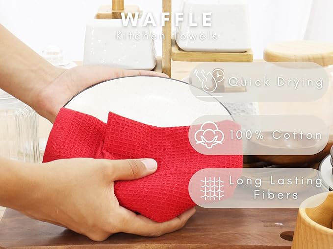 PurpleEssences Waffle Weave Kitchen Towel, 100% Cotton - 15x25 Inches, with Hanging Loop Ultra Soft Absorbent Quick Drying Dish Cloth, Tea and Hand Towels, 6 Pack - Christmas Holiday Winter - Red