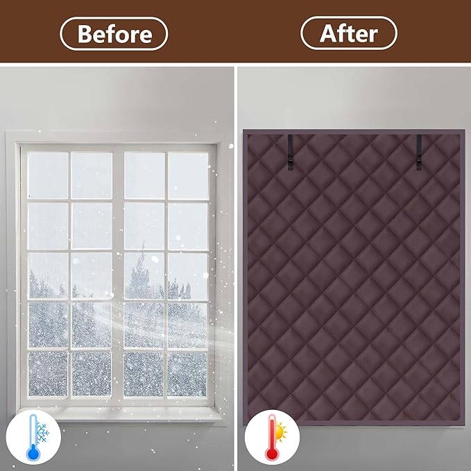 3 Layer 63 x 47 Inch Winter Insulated Window Cover,Oxford Thermal Insulated Window Blanket with Fastener,Brownish Red Window Insulation Kit for Winter Keeping Warm