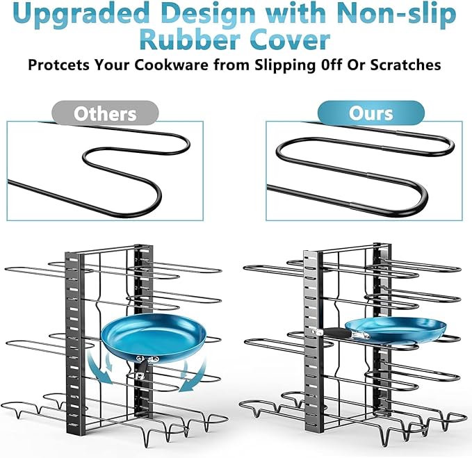 ORDORA Pots and Pans Organizer for Cabinet 16.61 Height, 8 Tier Pot Organizers Rack with 3 DIY Methods, Adjustable Pan Organizer under Cabinet Kitchen Organization and Storage