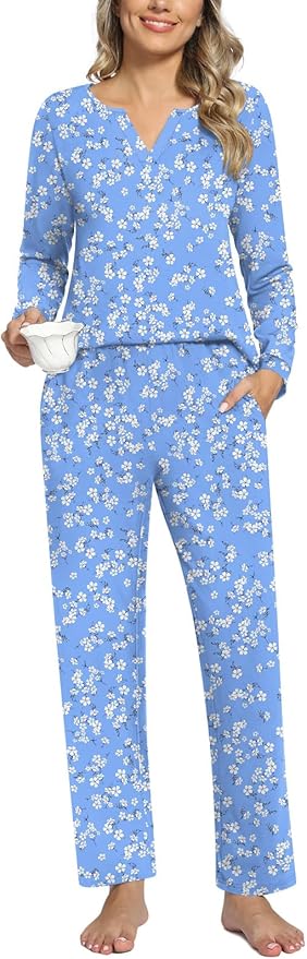 Anyally Women's Plus Size Pajama Sets Ladies Fall Pjs 2 Pieces Lounge Outfits V Neck Long Sleeves Sleepwear with Pockets