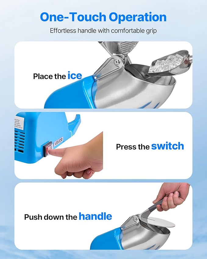 VEVOR Ice Crusher Machine, 286lbs Per Hour Electric 4 Blades Snow Cone Maker, Stainless Steel Shaved Ice Machine with Bowl and Cover, 300W 2000RPM Ice-Shaver for Home and Commercial Use, Blue