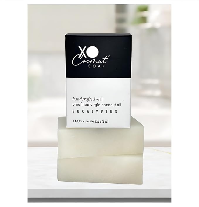 Coconut Oil Bar Soap Handcrafted Organic Natural Face Body Hands Vegan Scented Eucalyptus Essential Oil - 2 Bars, 4 Ounces Each