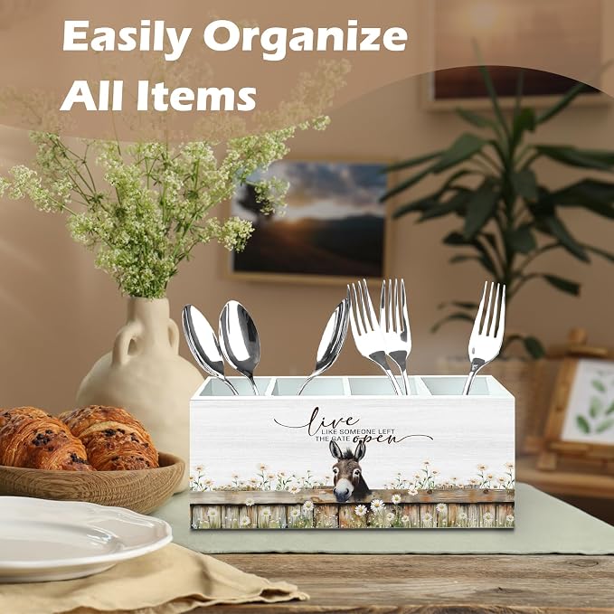 DILSJ Rustic Farmhouse Donkey 4 Compartment Pen Pencil Holder for Desk | Donkey Gifts, Live Like Someone Left the Gate Open Wooden Box Signs Organizer for Home Office Desk Tabletop Decoration