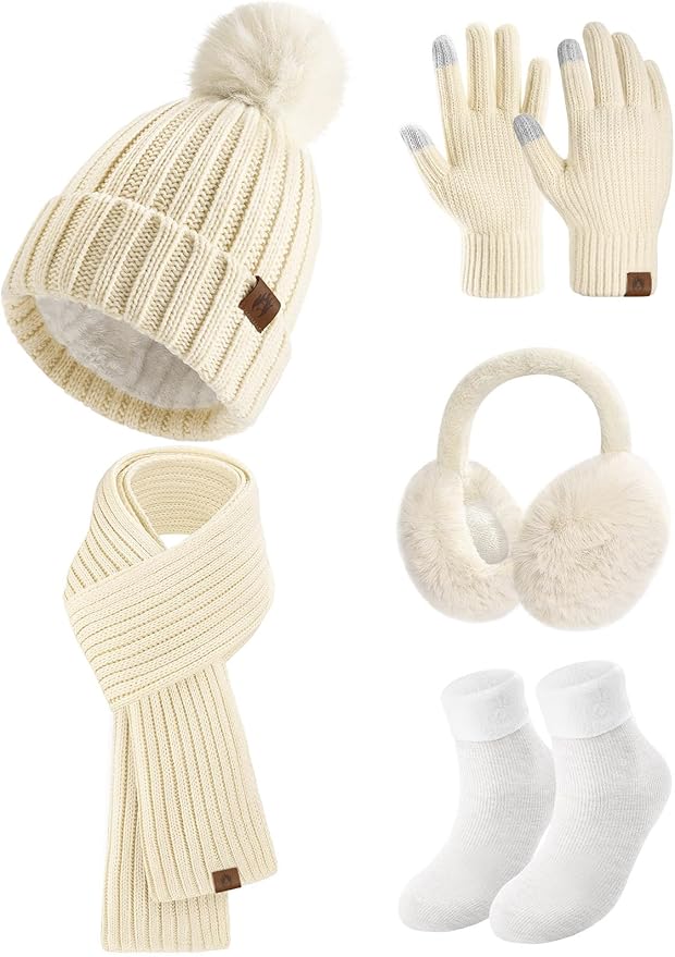 UMIPUBO Winter Beanie Hats Scarf Touch Screen Gloves Fuzzy Socks Ear Muffs 5pcs Set for Women Winter Ski Outing Set