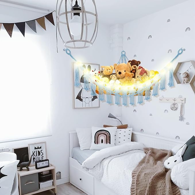 CERETIA Stuffed Animal Hammock with LED Light, Large Stuffed Animals Storage Corner Plushie Net for Kids Room Decor, 2 Packs Baby Blue