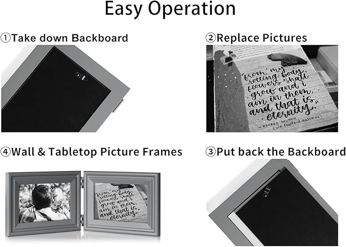 3 Vertical Horizontal Hinged Wood Picture Frame 4x6 and 5x7 Triple Folding Photo Frame Home Decor with Real Glass Front in Gray for Tabletop, Display 4x6 with Mat or 5x7 without Mat