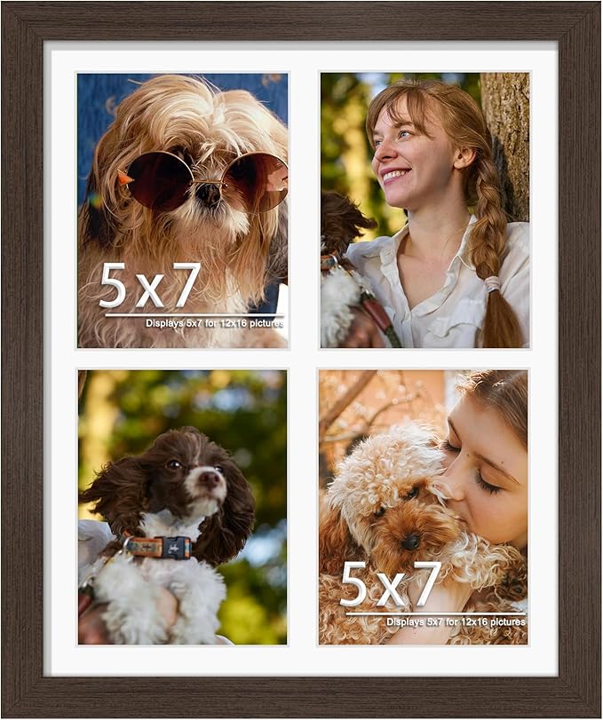 12x16 Picture Frame 5x7 Collage Picture Frame Displays Four 5x7 inch Photos or 12x16 (Without Mat) for Available Horizontal Wall Mounting Display and Vertical Walnut