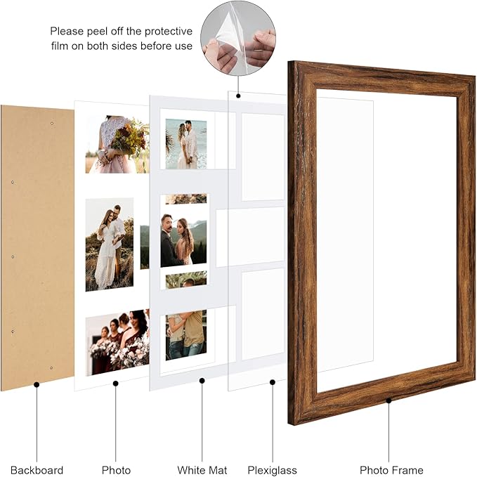 11x17 Picture Frame Display 6 picture frame collage 4x6,Multi Photo Frame with Mat,Plexiglass,Wall Mount Decor,Carbonized Brown Wood Grain