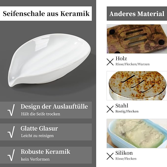 Soap Holder, Self-Draining White Soap Dish, Leaf Shape Ceramic Bar Soap Holder Drain Soap Dishes for Bathroom Sink Kitchen, Easy to Clean Keeps Soap Dry, ANTIS'S HOME