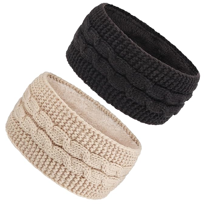 AQOKKA Knit Winter Headbands for Women Fuzzy Wool Fleece Lined Ear Warmers Elastic Turban Crocheted Head Wrap Winter Accessories for Women Cold Weather
