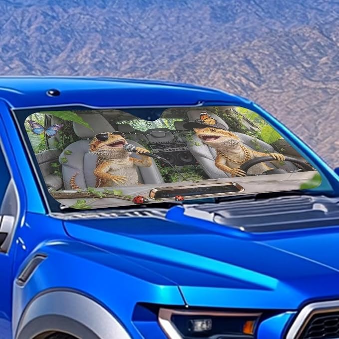 Funny Windshield Sun Shade Foldable Bearded Dragons Car Front Window Sun Shade Universal Fits for Most Cars SUV Block UV Rays Reflective Sun Blocker Car Interior Accessories