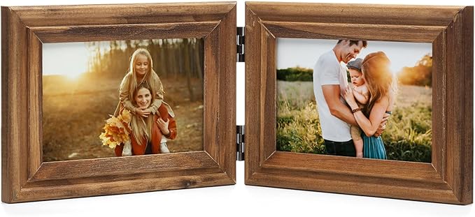 Horizontal 4X6 Picture Frames Double Hinged Wood Folding Photo Frames with Real Glass Front Fit for Desktop or Tabletop, Wood Grain XZON-H64X2