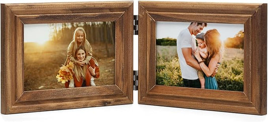 Horizontal 4X6 Picture Frames Double Hinged Wood Folding Photo Frames with Real Glass Front Fit for Desktop or Tabletop, Wood Grain XZON-H64X2