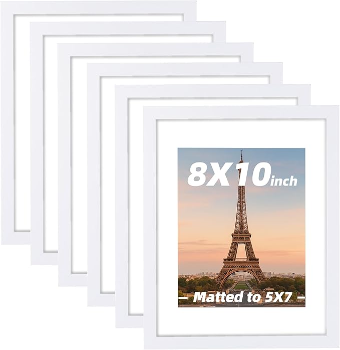 6 Pcs 8x10 White Picture Frame - Display Pictures 5x7 with Mat or 8 x 10 without Mat - White Wood Picture Frames for Wall Mounting - Wooden Photo Frame for 8 10 Matted to 5x7 Print Set of 6