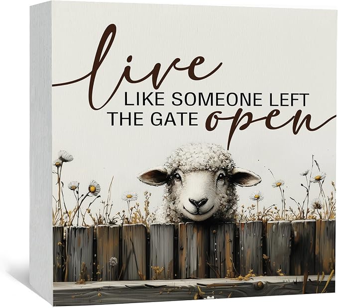 Live like Someone Left the Gate Open Sheep Sign, Cottagecore Animal Wooden Signs, Rustic Farmhouse Wood Sign Home Decor, Farm Animal Easter Sheep Decor for Home Office Badroom,6x6