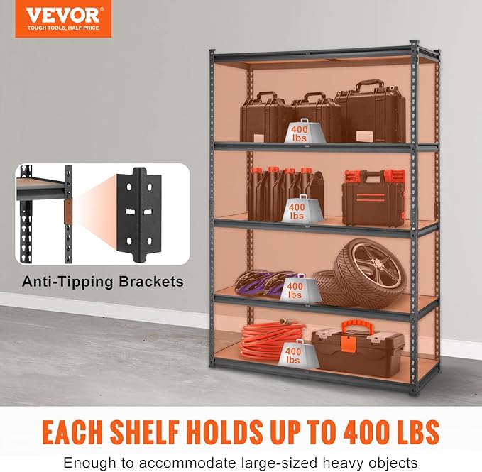 VEVOR Storage Shelving Unit, 5-Tier Adjustable, 2000 lbs Capacity, Heavy Duty Garage Shelves Metal Organizer Utility Rack, Black, 48" L x 18" W x 72" H for Kitchen Pantry Basement Bathroom Laundry
